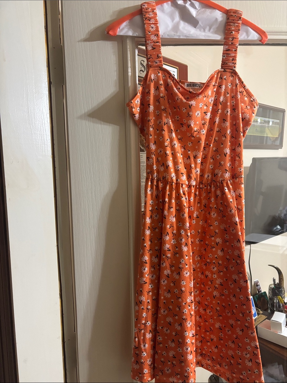 Floral Orange Mini Dress with Ruched Straps and pockets